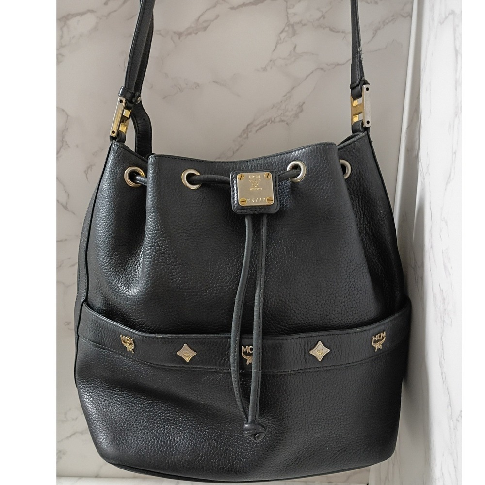 MCM Vintage Black Pebbled Leather Drawstring Bucket/Crossbody Bag